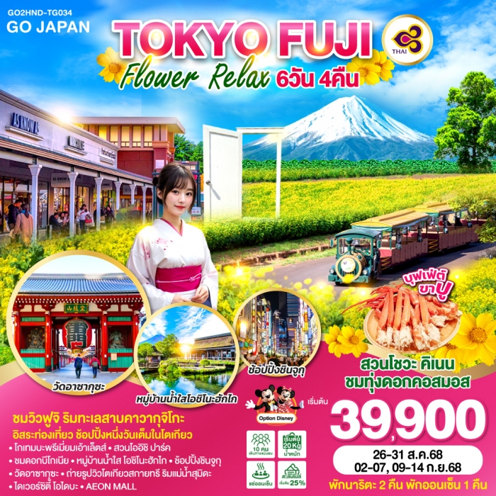 ทัวร์ญี่ปุ่น TOKYO FUJI FLOWER RELAX 6D 3N โดยสายการบินไทย [TG]