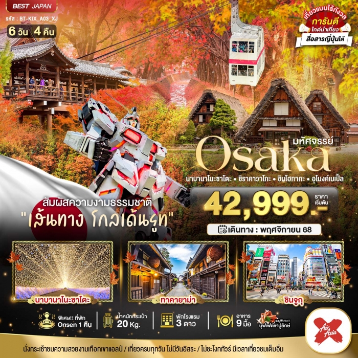 ทัวร์ญี่ปุ่น โอซาก้า โตเกียว นาบานาโนะซาโตะ ชิราคาวาโกะ ชินโฮทากะ อุโมงค์เมเปิ้ล 6 วัน 4 คืน 